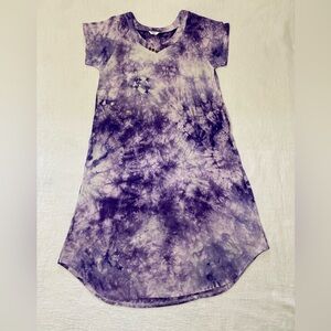 Yozly  XXL V-Neck Short Sleeve Purple Tie Dye Maxi Lounge Dress Pockets Stretch